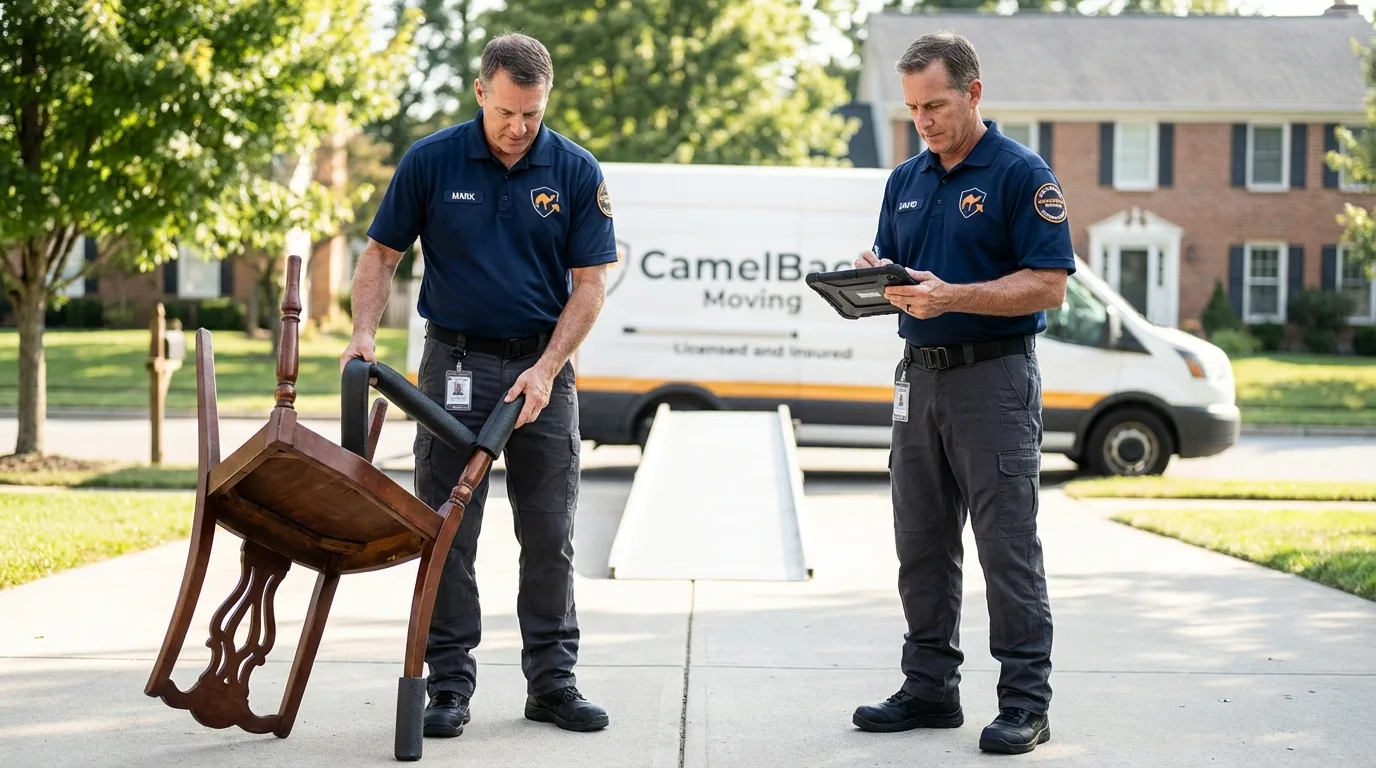 Movers inspecting furniture for damage prevention before loading in New Athens, IL