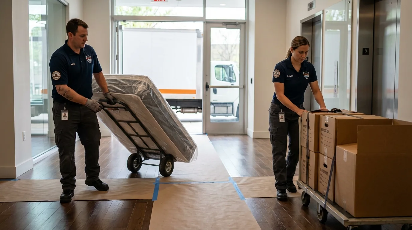 Professional apartment movers loading elevator in New Athens, IL