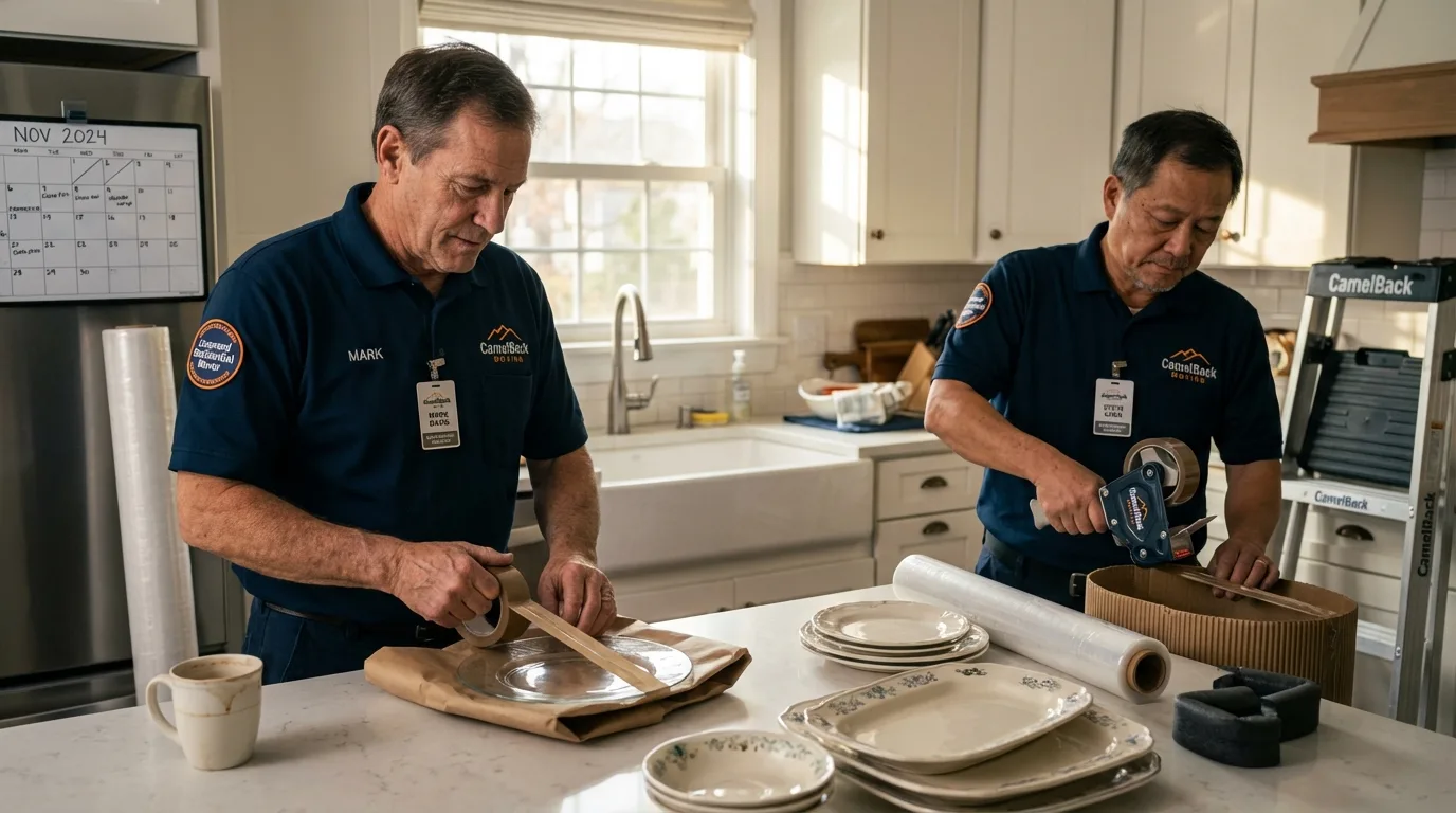 Professional crew packing kitchen dishware in New Athens, IL